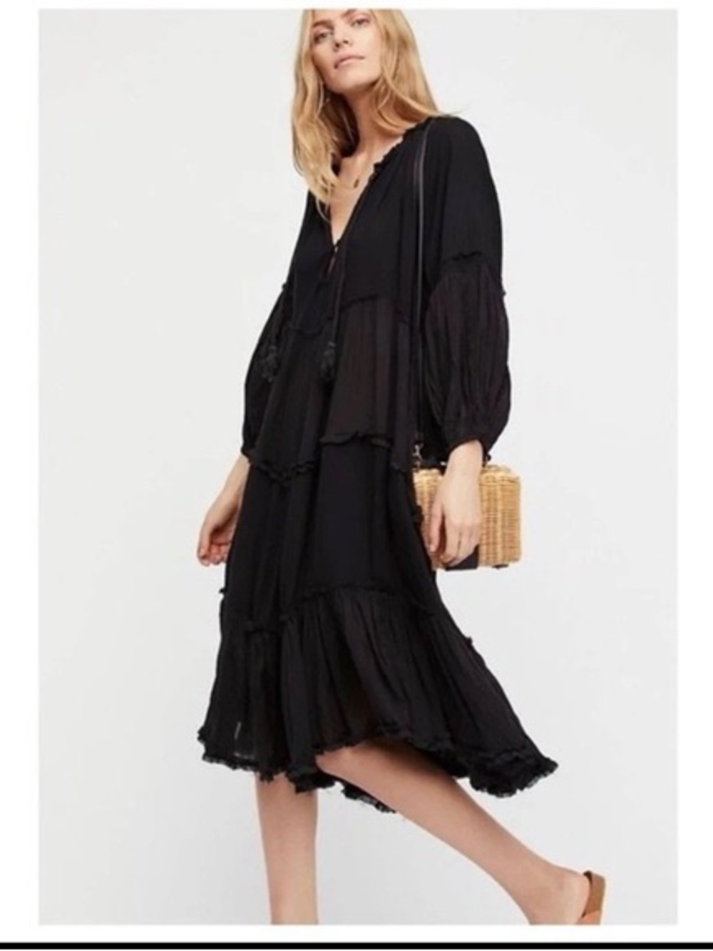 Free People Black Tiered V-Neck Midi Dress